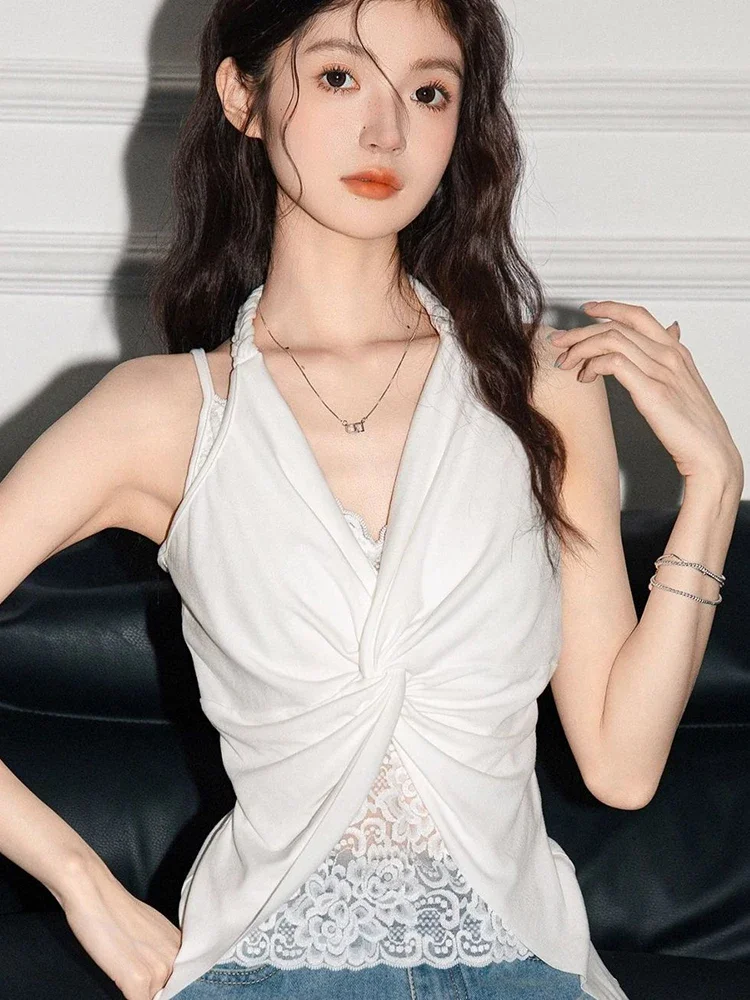 White Lace Patchwork Tanks Women Sexy Sleeveless V Neck Vest Tops Casual Simplicity Print All Match Lady Vest Tops New