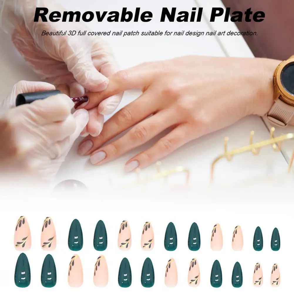 Fake Nails Minimalistic Sweet Green Leaf Fake Nails Easy to Apply Remove for Women's Anti-break Nail Supply Easy to Put on Nails