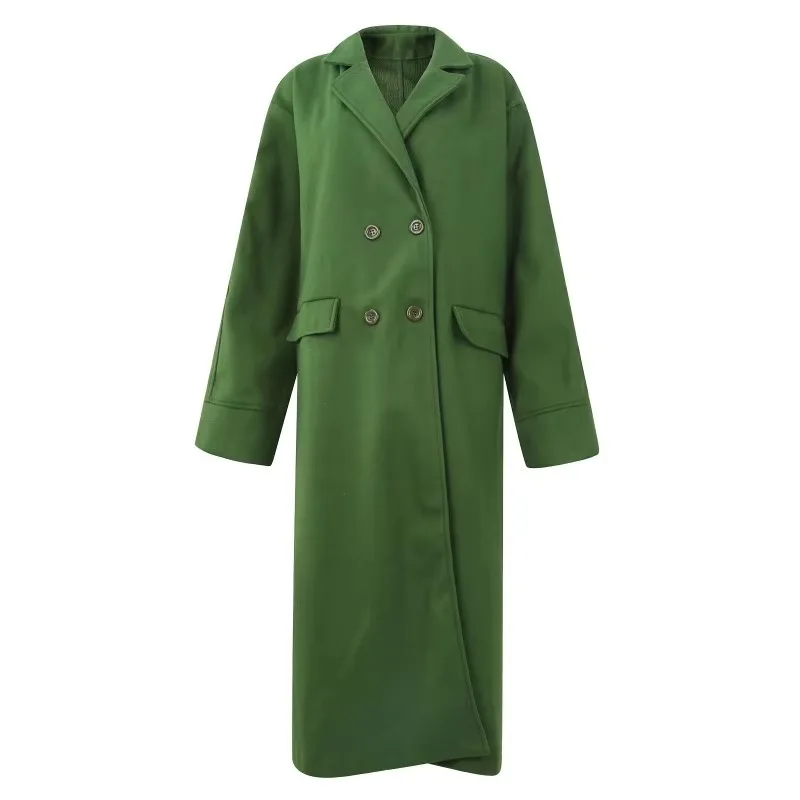 Autumn Winter Long Woolen Coat 2023 Ladies New Solid Color Temperament Commuter Beltless Lapel Loose-fitting Green Woolen Coat