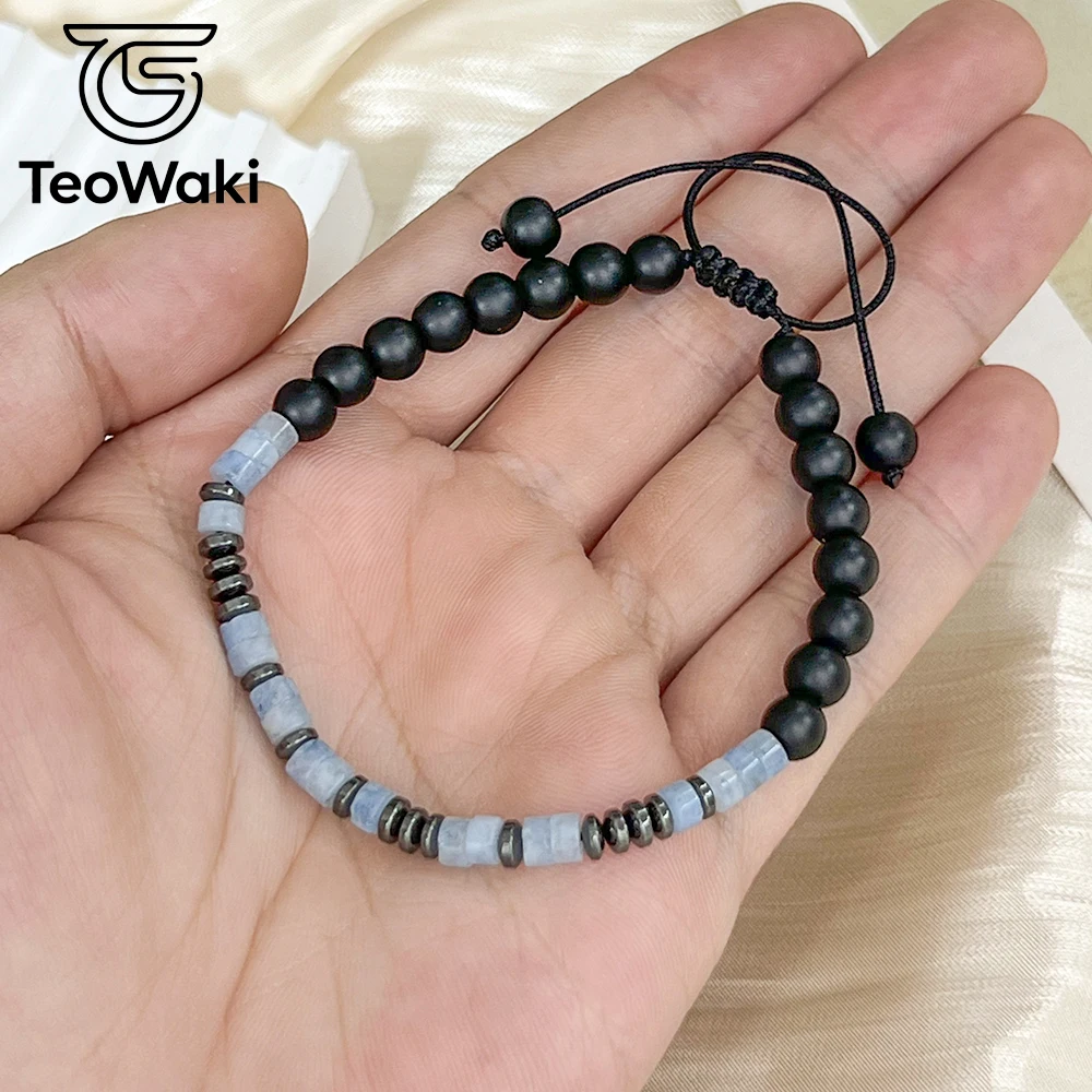 TeoWaki Natural Aquamarine Black Stone Bracelet Adjustable Length Hematite Spacers Holiday Best Gift For Colleagues Family17+5cm