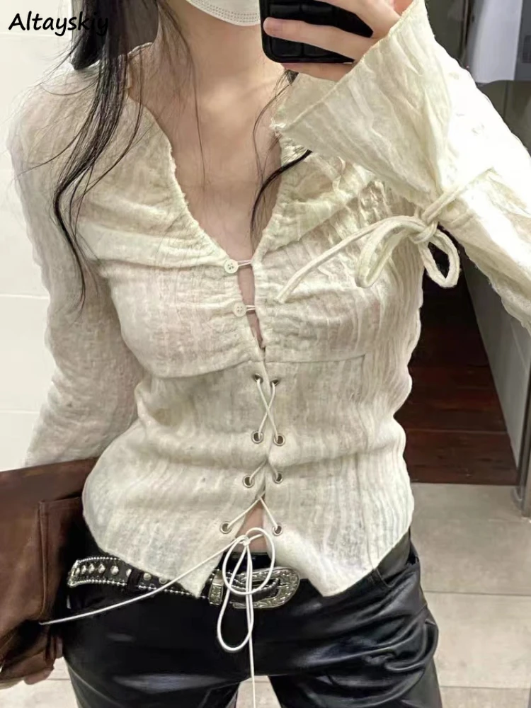 

Lace-up Shirts Women Solid Long Sleeve Retro Fashion Sexy Slim Fit Design Korean Style Personality All-match Ins Girls Leisure
