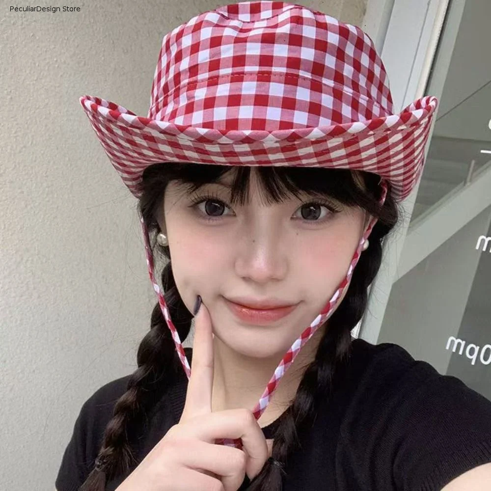Fashion Lattice Y2k Fishmen Hat UV Protection Japanese Western Cowboy Hat Waterproof All-match Bucket Hat Spring