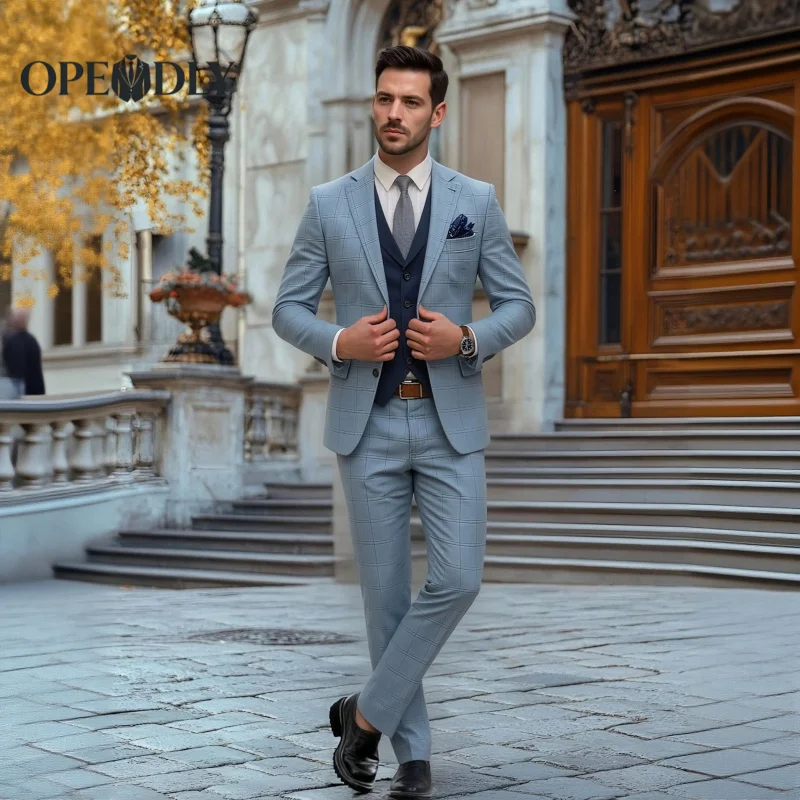 

OPEODLY Men Custom Tailored Slim Fit Three Piece Tuxedo Suit Wedding Business Formal Blazer Vest Pants