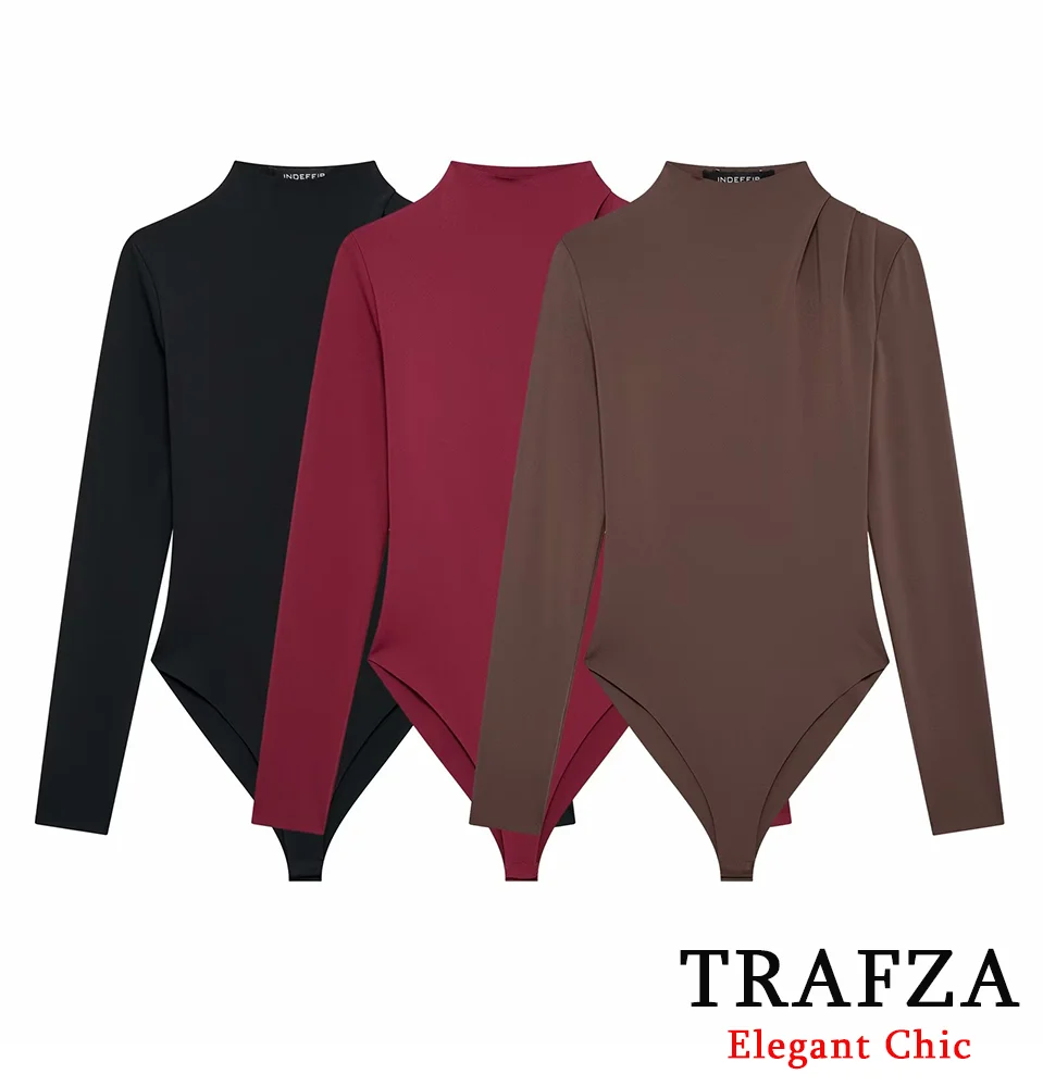 TRAFZA-Women Casual Bodysuit Tops Pleated Mock Neck Slim Tops New 2024 Fashion Spring Fall Vintage Elegant Long-sleeved Tops