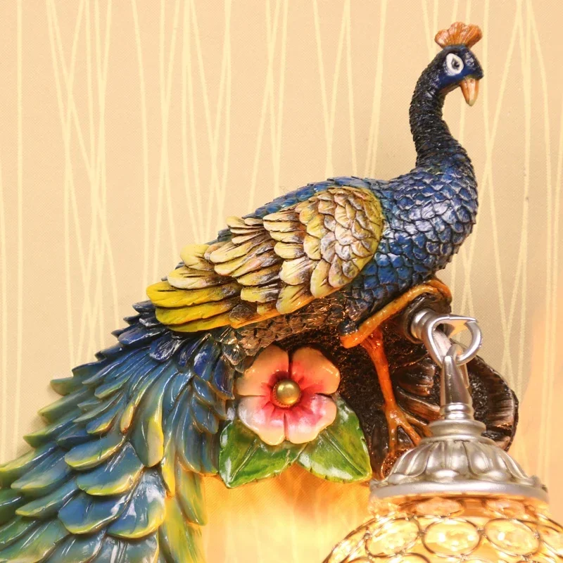 Nordic Retro Peacock Wall Lamp Dual Color Gold/White LED Crystal Metal Light for Corridor Decorative Lighting