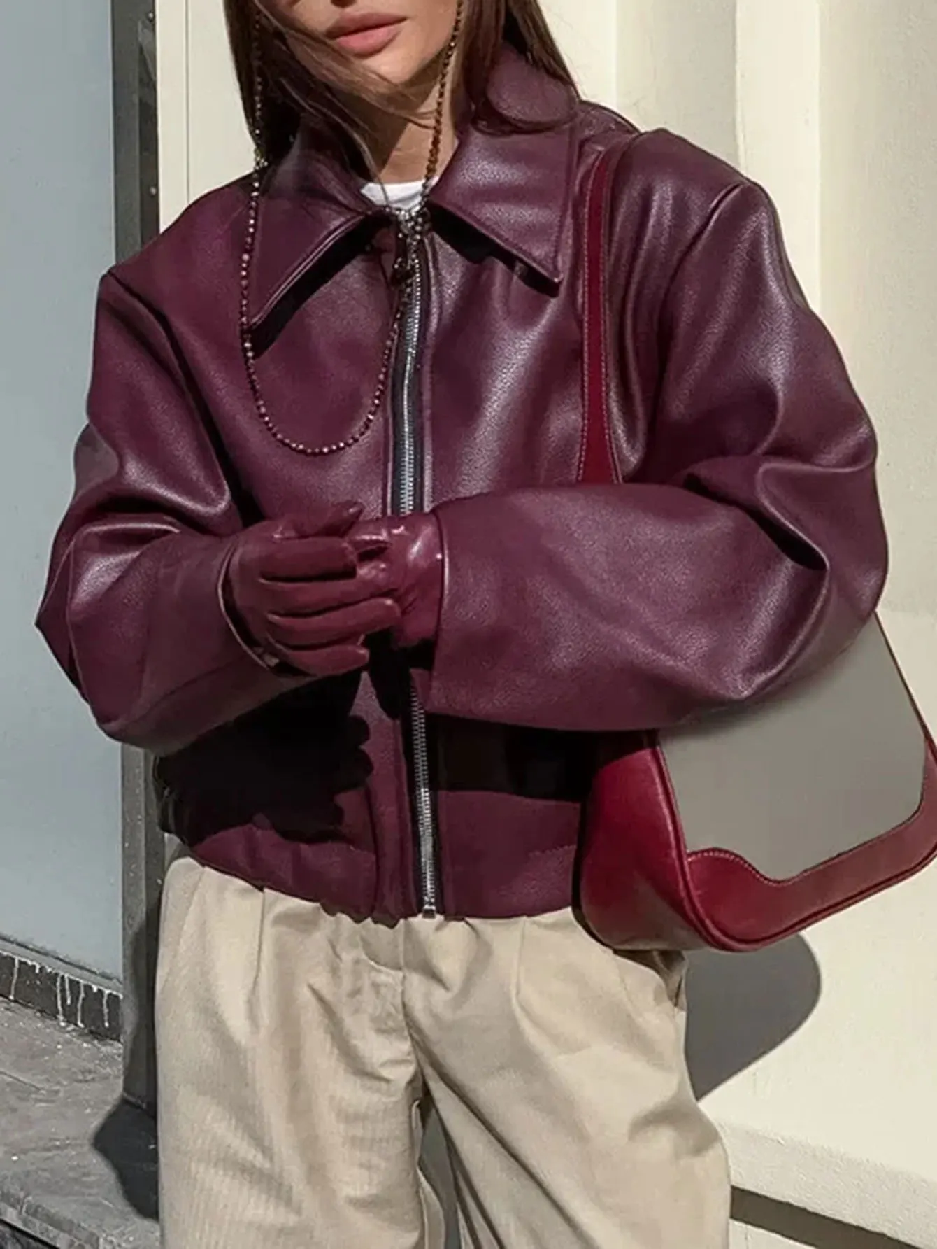 Casaco de couro estilo casual feminino elegante sem decoração jaqueta para uso diário