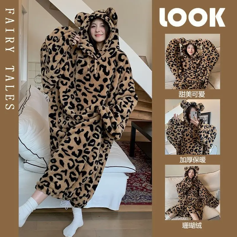 

Plush Pajamas Robe Female Winter Thicken Coral Fleece Hooded Nightgown Leopard Print Fashion Comfortable Warm Lounge Clothes
