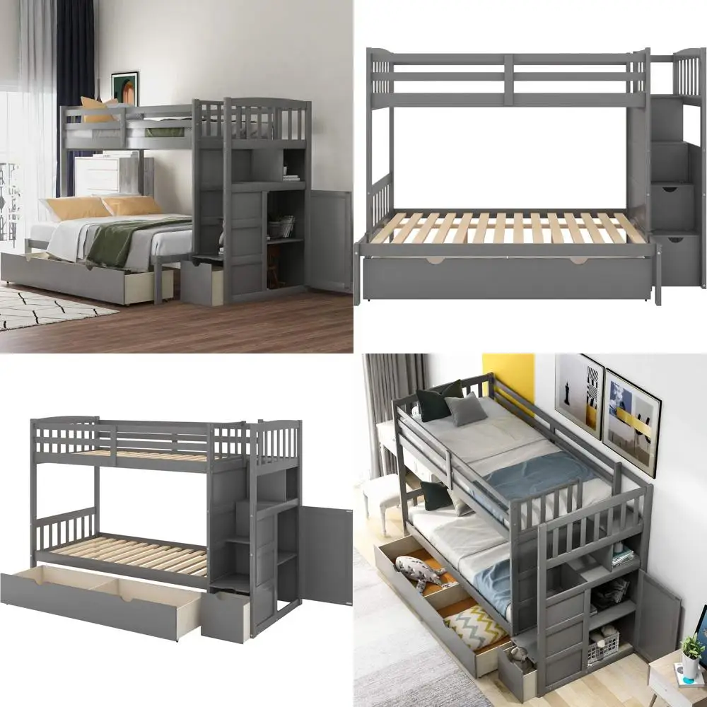 

Grey Twin Staircase Bunk Bed with Convertible Lower, Storage & Drawers, Suitable for Kids, Teens, and Adults, No Box Spring Need