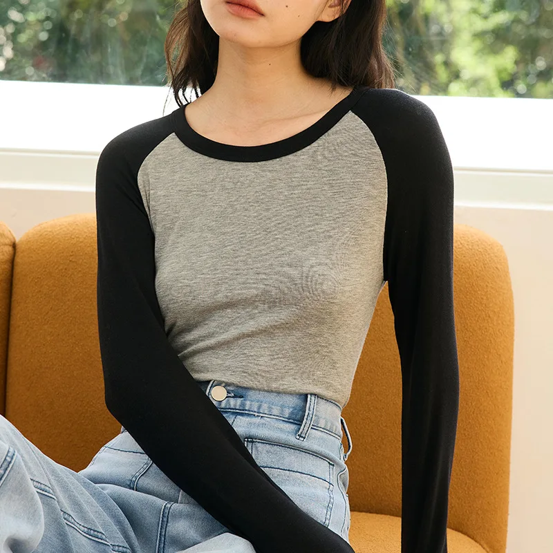 Abbigliamento da donna Anali primaverili e autunnali Versione sottile Strato base Blocco colore Maniche lunghe Top Girocollo Maglieria