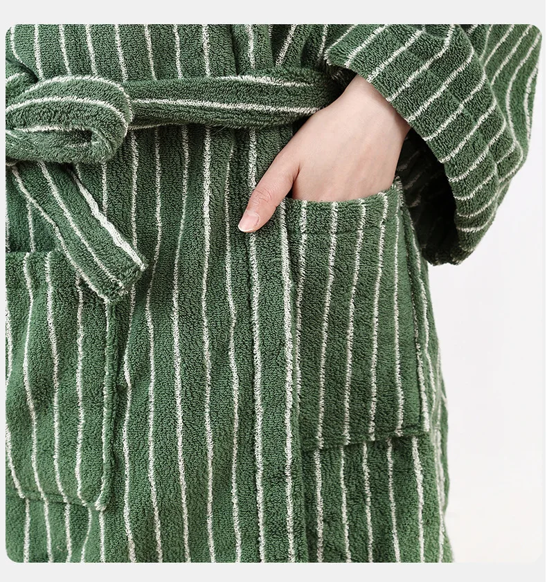 Retro Stripe Cotton Bathrobe Super Soft Absorption V Neck Sleepwear Warm Robes Women Hooded Loose Bath Robe Coat Towel Homewear