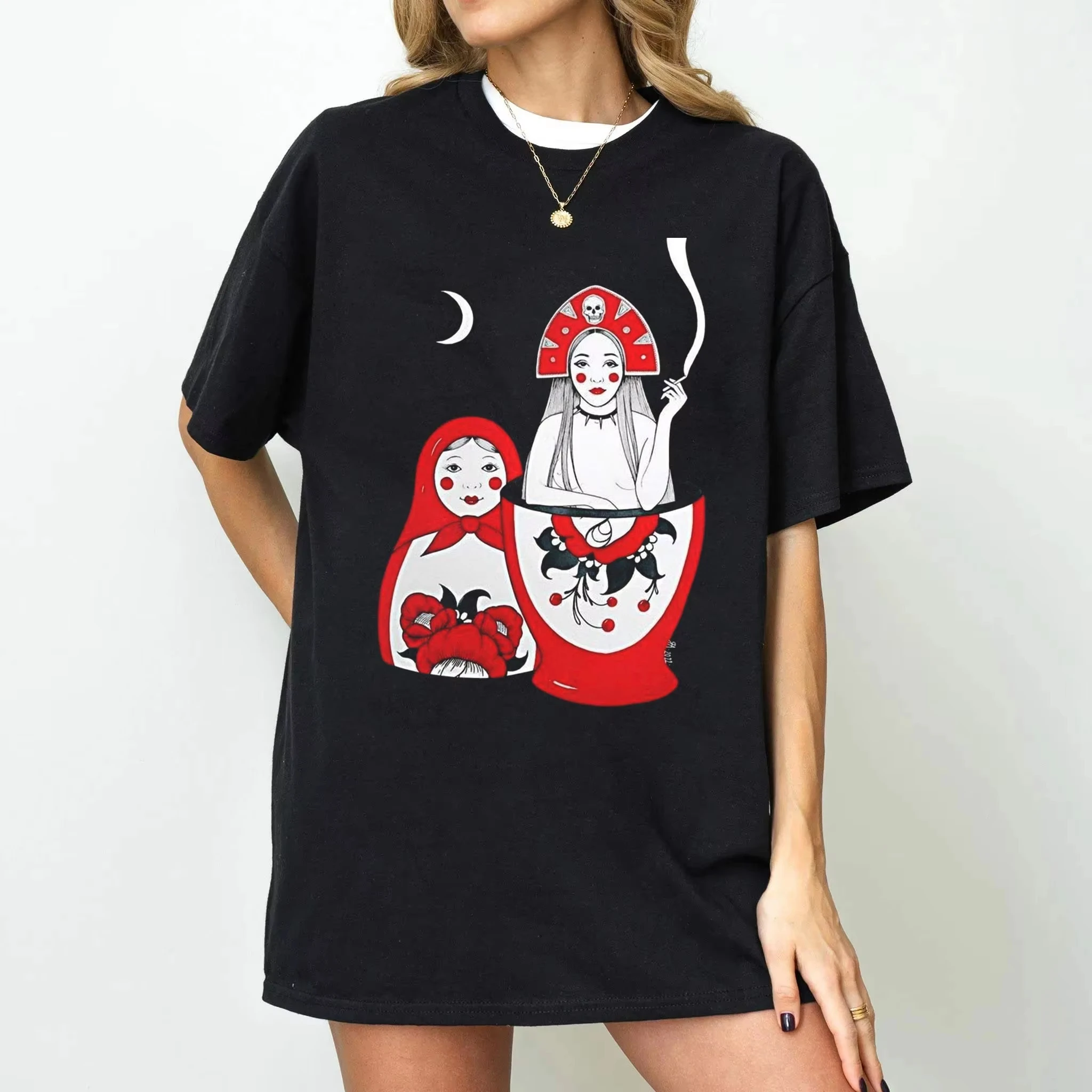 Streetwear Matryoshka Russian Doll Pattern T Shirt Cute Y2K Casual Tee Unisex Cotton Oversized Harajuku Summer Daily Tops