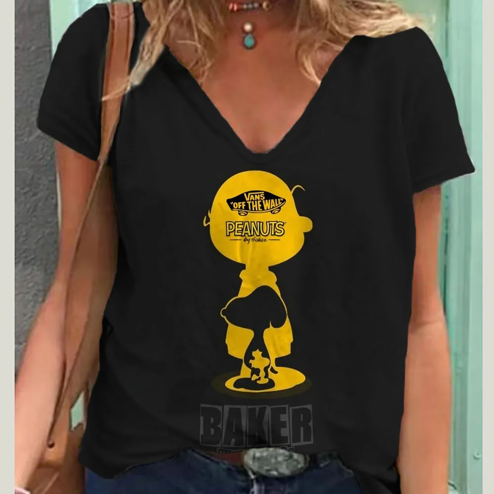 Women’s Shirts V-neck Short Sleeves Snoopy print High Street Special Design Lady Casual Tee Top Retro Style Loose T-shirt Female