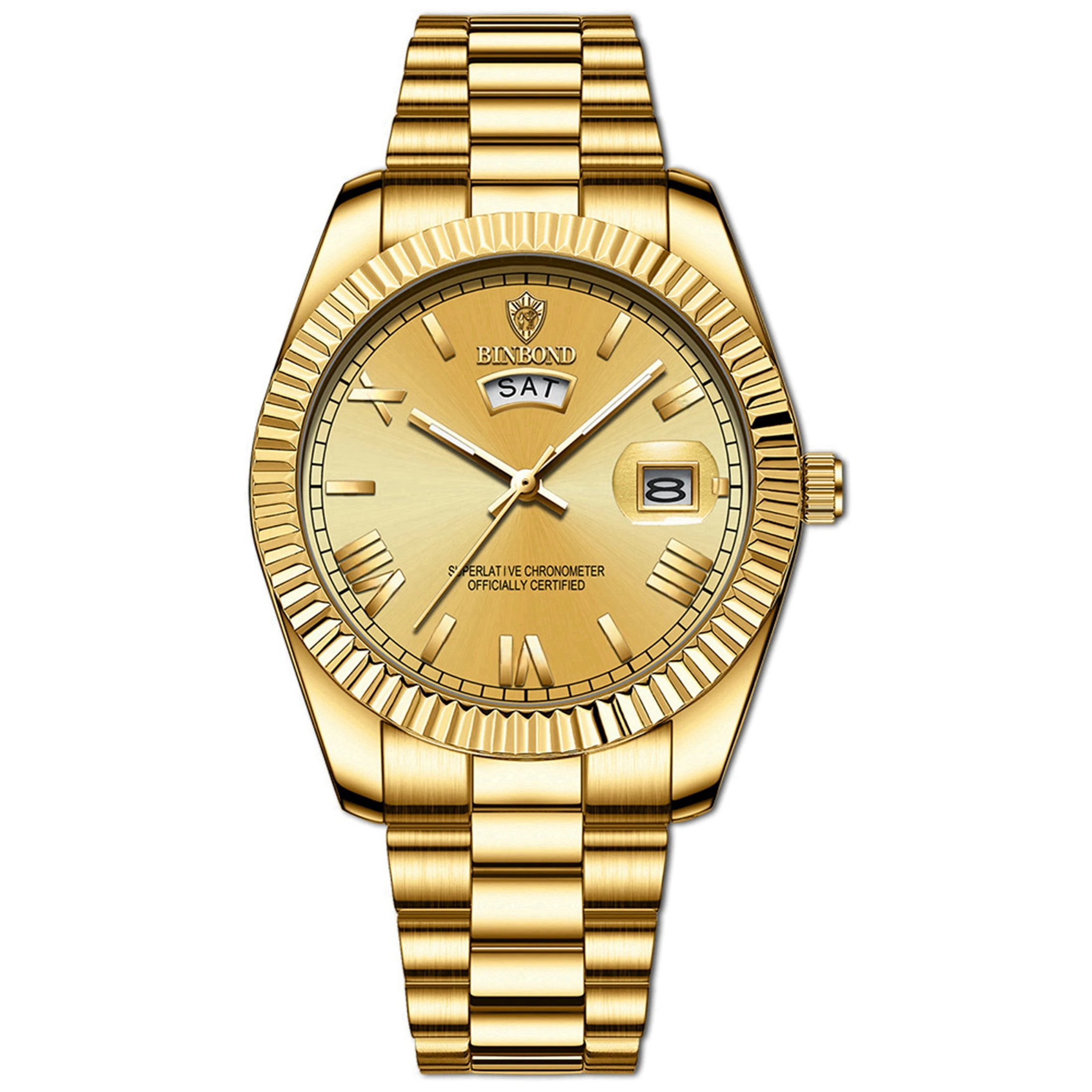 Men's Luxury Golden Dial Stainless Steel Watch - Luminous Hands, 30M Water Resistant, Magnifier Date Window | Oyster-Inspired De