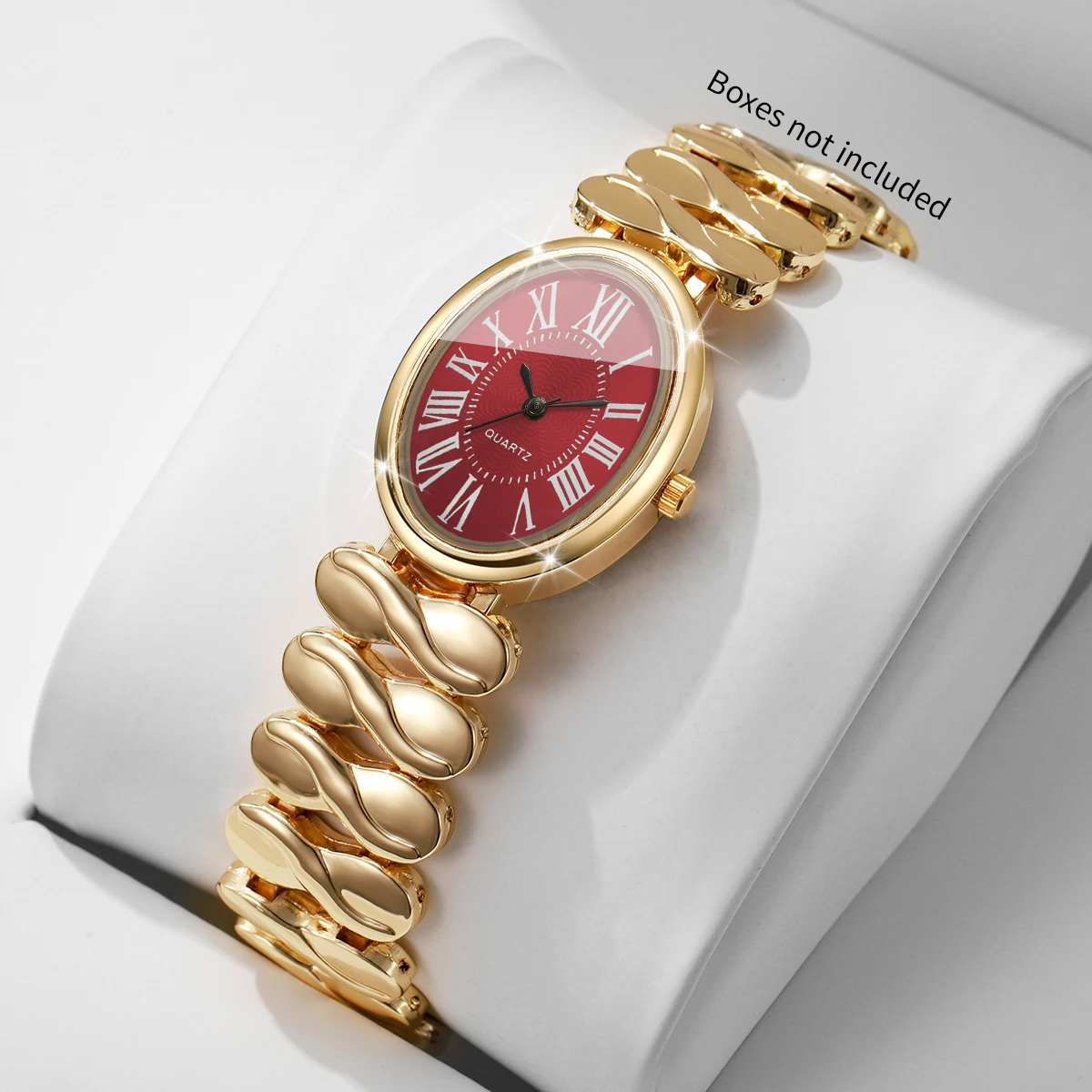 Fashion Women Golden Wrist Watch Oval Red Roman Numeral Dial Wave Metal Band Ladies Quartz Watches Relogio Feminino (Without Box