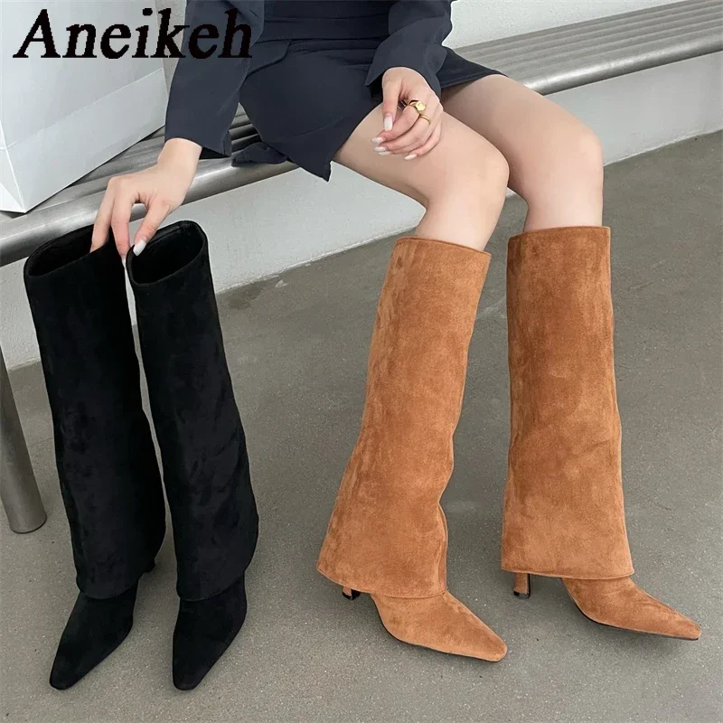 Aneikeh Winter Fashion High-heeled Boots with Side Zippers Pointed Tips Long Leg Boots Suede Turned-over Edge Boots