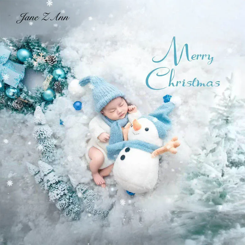 

Комплект одежды для фотосъемки снеговика для новорожденных, белый комбинезон + синяя шапка, шарф, Рождественский костюм для детской фотосессии, реквизит