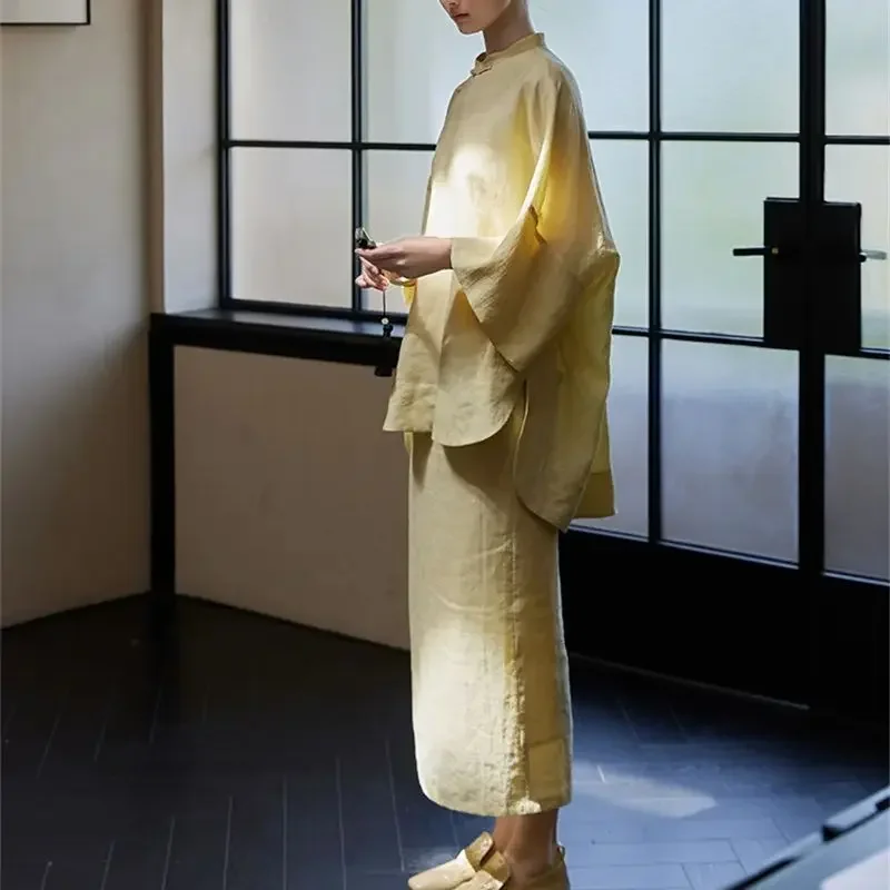 ฤดูร้อนใหม่ 2 ชิ้นชุดผู้หญิงสไตล์จีนสบายๆหลวมไม่สมมาตร Hem เสื้อและกระโปรงยาวแยกชุดกระโปรงนุ่มชุด