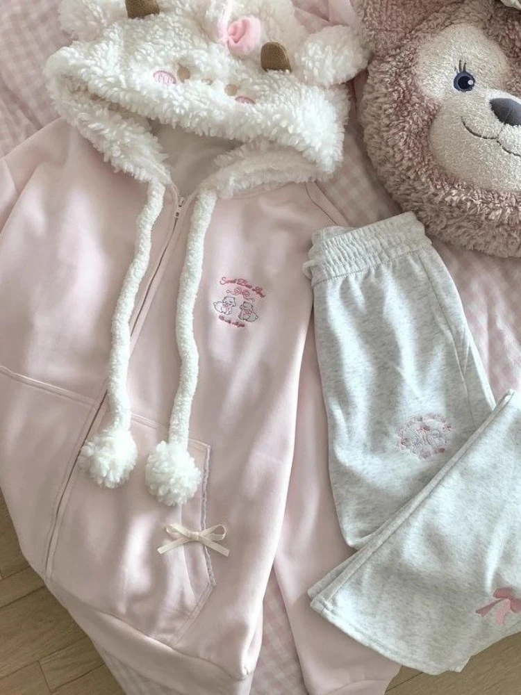 انمي ياباني Kawaii مقنعين سترة طويلة الأكمام المرأة عادية الحلو البلوز سستة لون نقي الكرتون طباعة 2025 الخريف #1