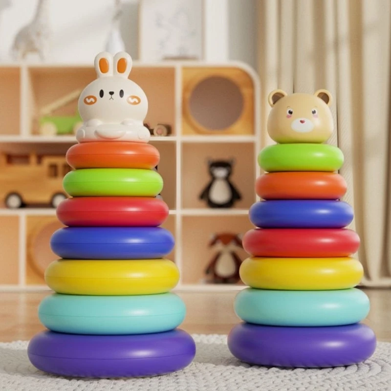 Brinquedo colorido da torre da criança que empilha o brinquedo interativo da aprendizagem presentes para crianças brinquedo da