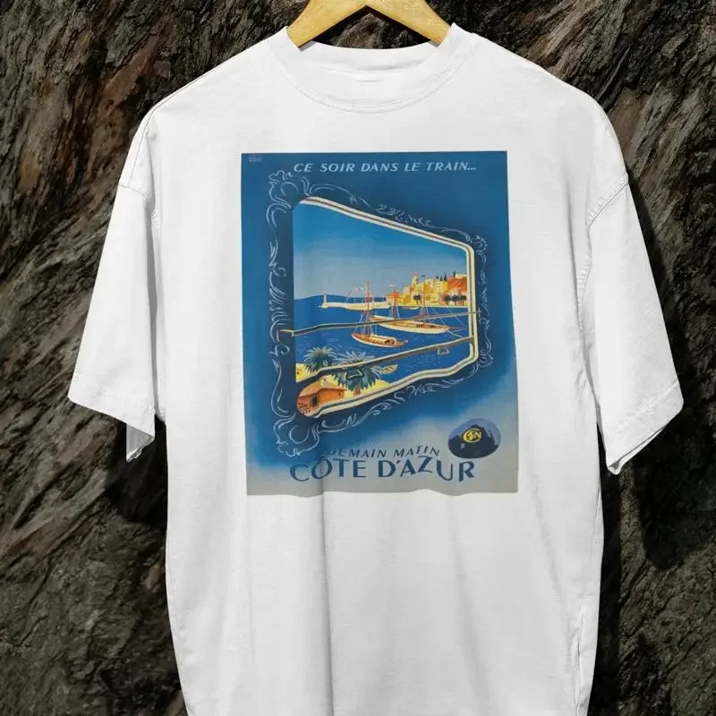 Camiseta vintage de la Riviera Francesa, viajes en tren, Cote D'Azur, vacaciones retro en Francia