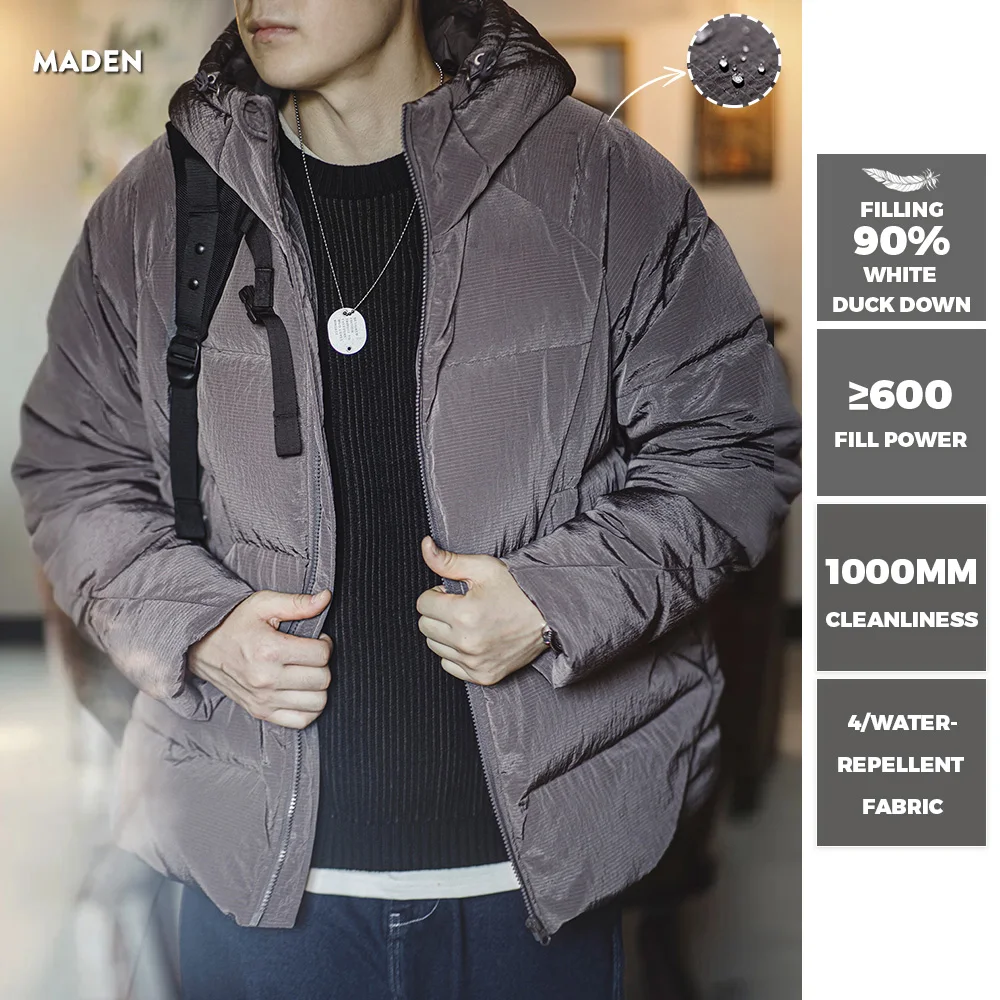 Maden New Casual 90% White Duck Down Hooded Grey Jacket Thickened Warm Coat for Men's Winter Clothes Versatile Puffer Jacket