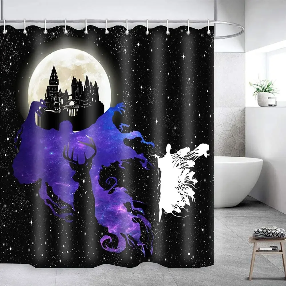 Trippy Castle Shower Curtain Moon Shining Sky Elk Dancer Black Background Magic Art Decoration