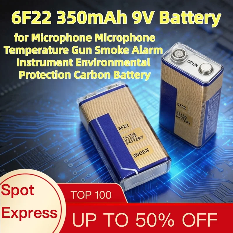 6F22 350mAh 9V Battery for Microphone Microphone Temperature Gun Smoke Alarm Instrument Environmental Protection Carbon Battery