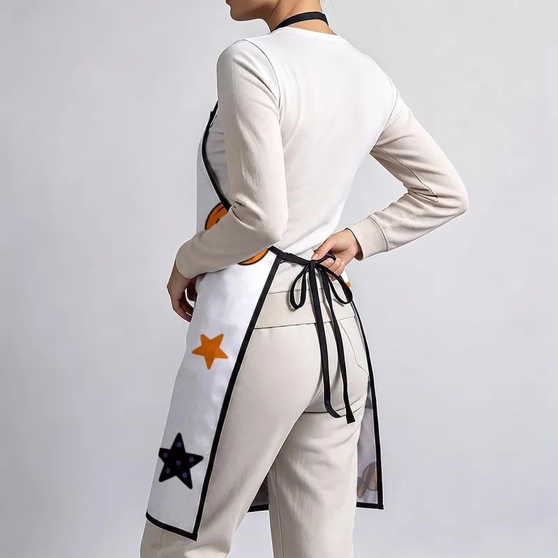 1PC【Apron】2D Flat effect，Printed with a wearing a witch's hat holding a pumpkin、Fun print with starry spiders，Durable and ca