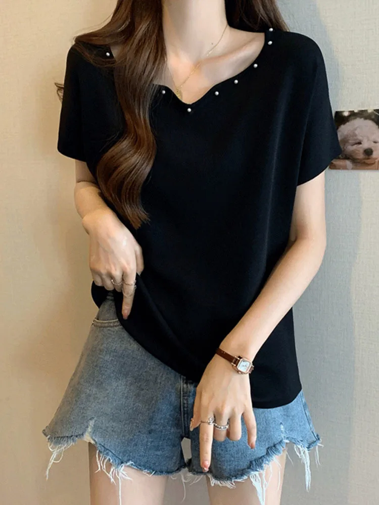 

V Neck Tshirt Women Top Summer 2024 Short Sleeve Tees Solid Casual Clothes T Shirt Ladies Knitted Tee Shirt Femme 4XL