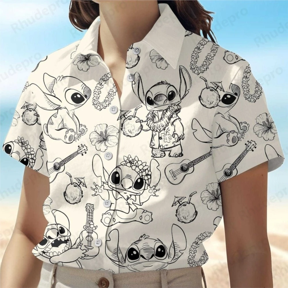 Camisas hawaianas de punto de dibujos animados de Disney para mujer, pantalón corto informal, camisa de manga para mujer, Tops, moda de verano, camiseta de playa para vacaciones
