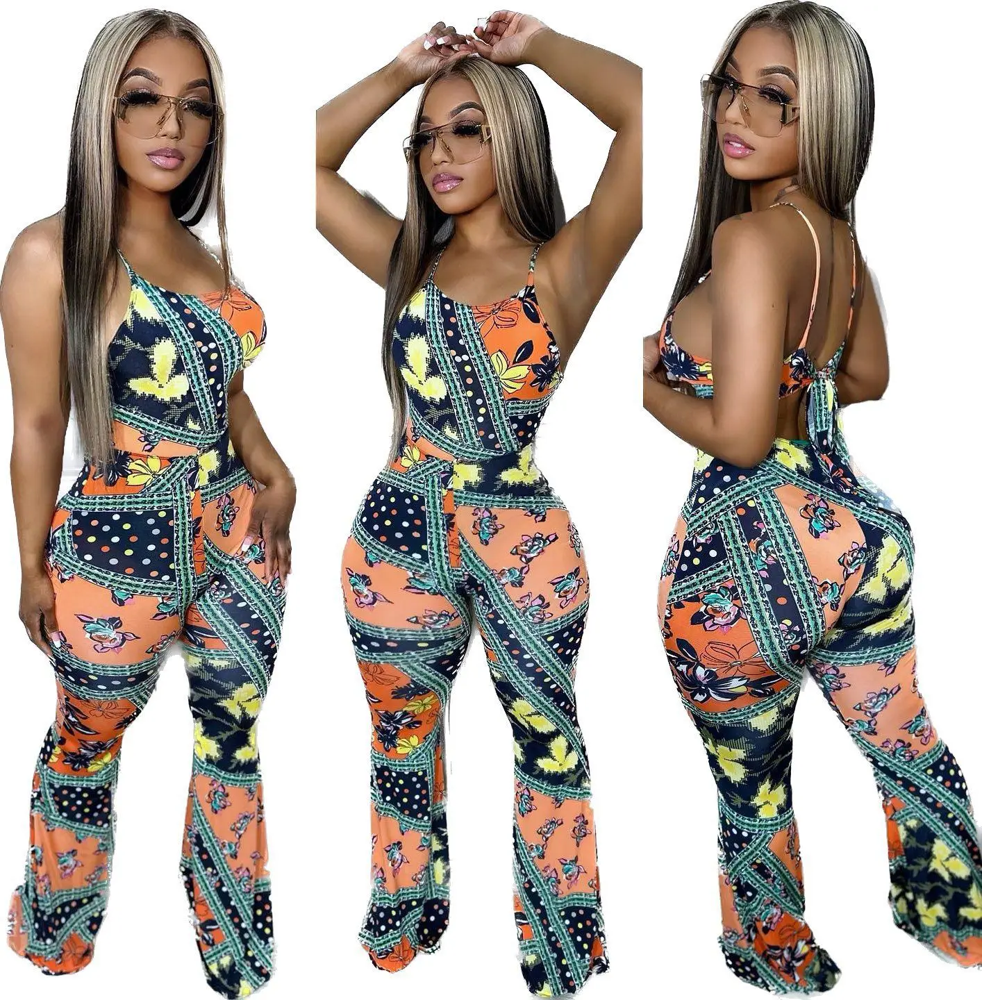 OL6123 New European and American Women's Clothing Batch Printing Digital High Definition  Sling Jumpsuit