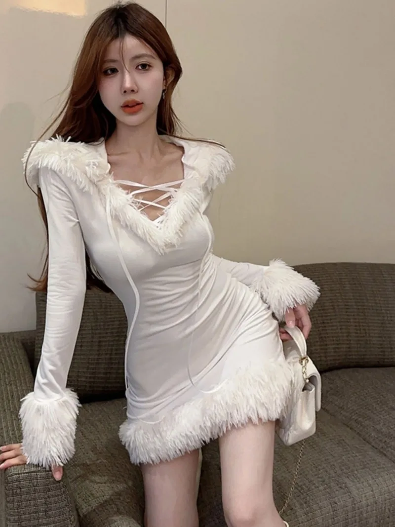 White Bodycon Woman Dress Tunic Fashion Autumn Robe Femme Y2k Clothing 2024 Vestidos De Mujer Hooded Long Sleeve Mini Dresses