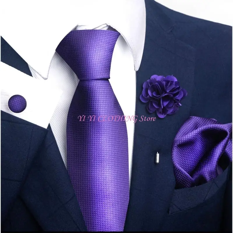 

N5KF 4Pieces Men’s Silk Finish Polyester Tie Pocket Square Cufflinks Lapel Pin Dress Accessories