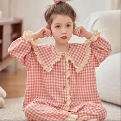 Girl's Cute Checkered Pajama Set 2023 Autumn New Long Sleeve Doll Collar Children's Stylish Home Clothes Trendy