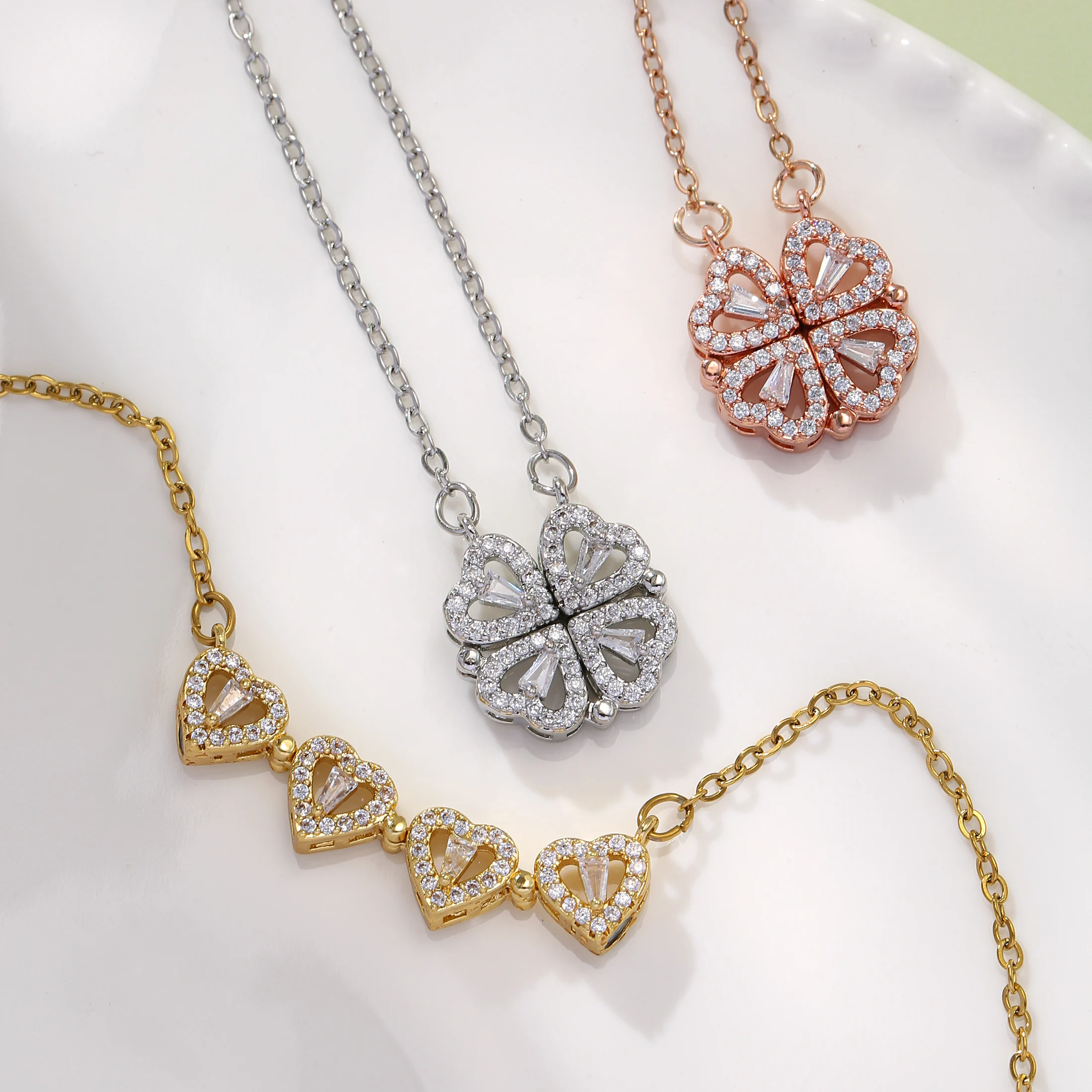 Reversibles Kleeblatt-/Herz-Zirkon-Halskette aus Edelstahl, Modeschmuck für Damen