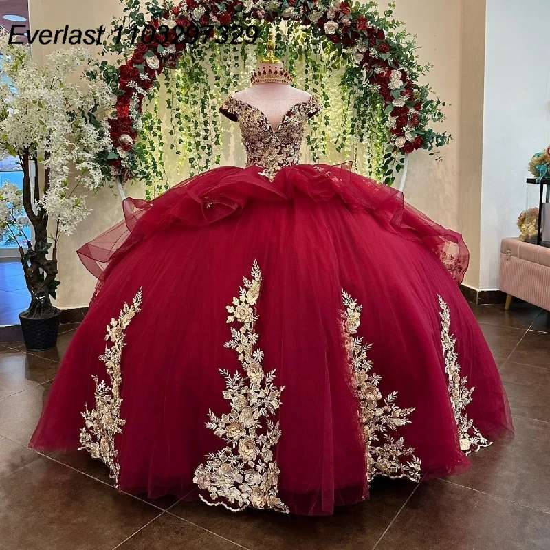 

EVLAST Shiny Burgundy Quinceanera Dress Ball Gown Gold Lace Applique Beading Tiered Ruffles Sweet 16 Vestido De 15 Anos TQD429