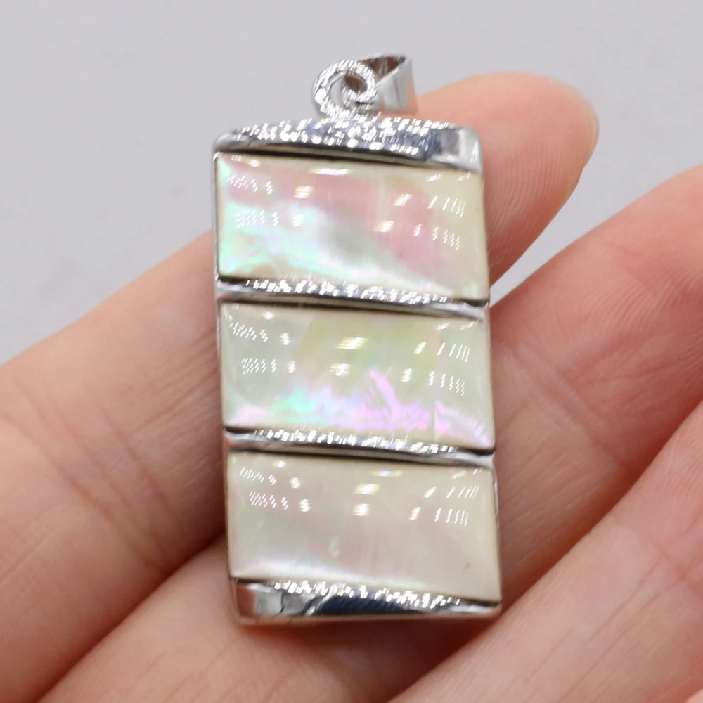 Natural Shell White Abalone Rectangle Silver Plated Pendant For Jewelry Making DIY Necklace Accessory Charm Gift 18x35mm