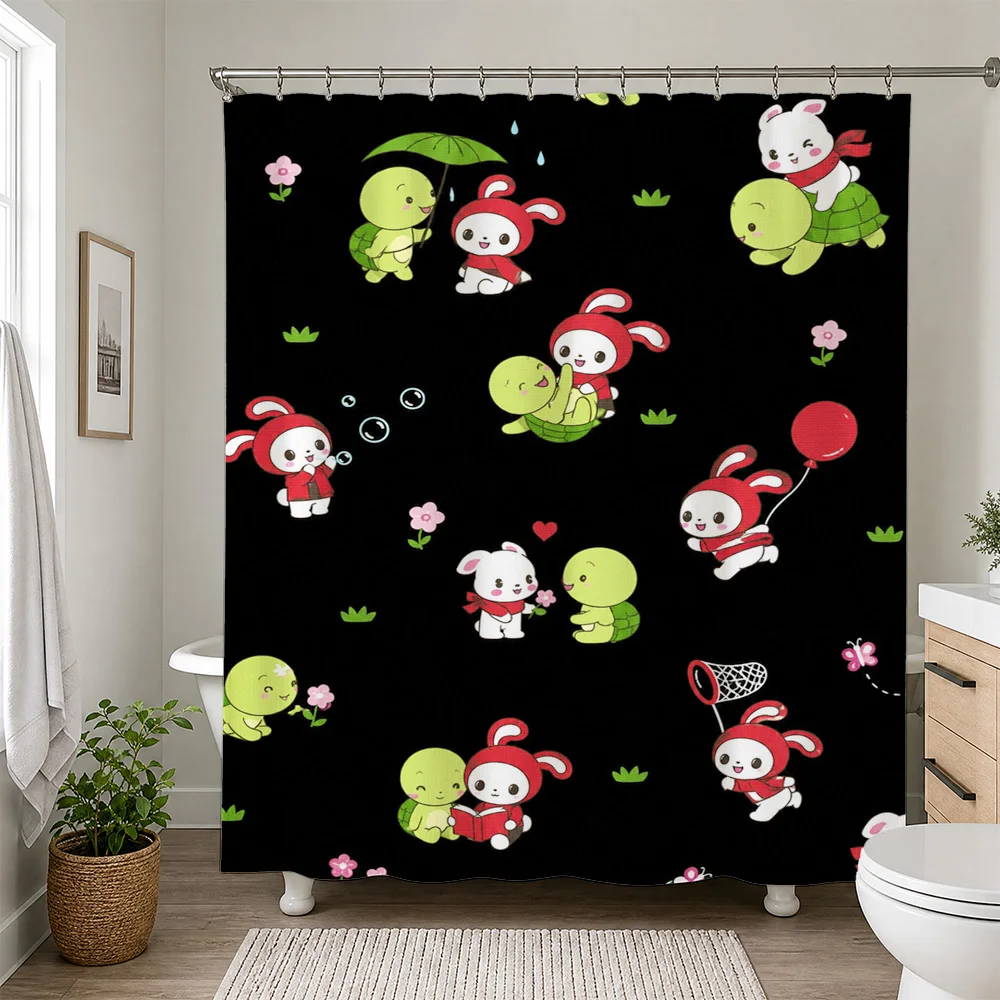 Cute Cartoon Red Panda and Turtle Shower Curtain Funny Bathroom Decor Novelty Shower Curtain for Kids and Adults