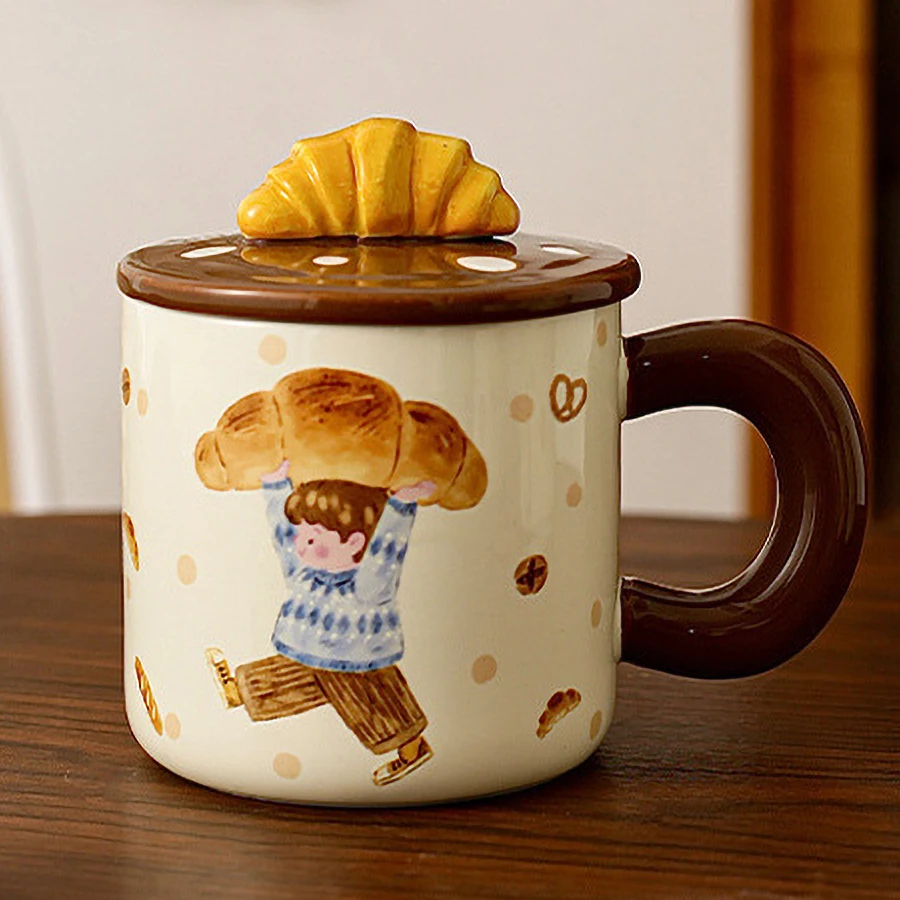Cartoon Cute Style High Temperature Firing Ceramics Cup With Handle and Lid Underglaze Color Process Creative Styling Milk Juice