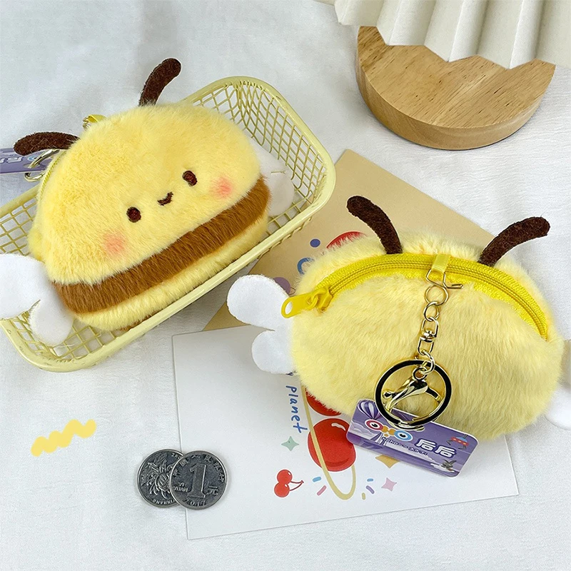 Monedero de abeja de dibujos animados para niñas, cartera pequeña de felpa suave con cremallera, Cables de datos Kawaii, bolsa para auriculares, bolsa para llaves