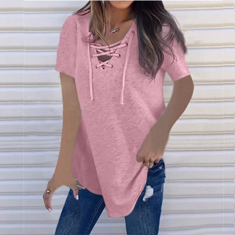 

New Women's Solid Short Sleeve V-Neck Strap Loose Top Female Clothes Women Drawstring Casual T-shirt