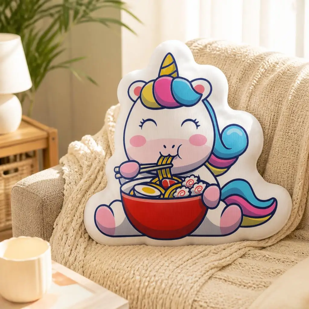 Cute Unicorn Ramen Noodle Throw Pillow Kawaii Food Cushion Irregular Stuffed Decorative Pillow for Sofa Home Decor Gift Idea