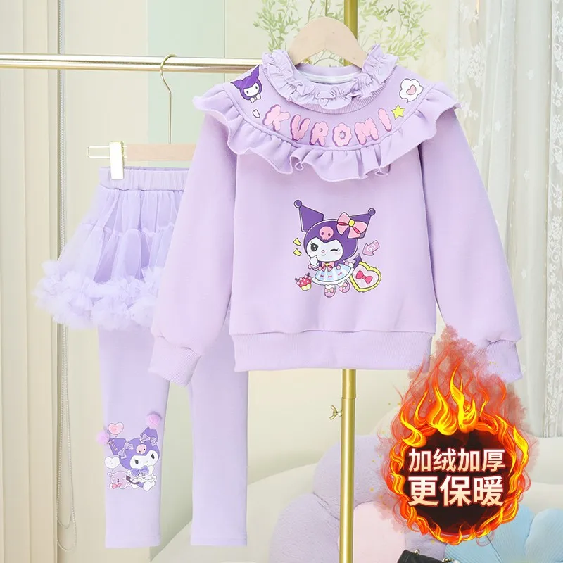 Sweet Kawaii Kuromi Anime Sanrio Ins Long Sleeve Shirt Pants Set Cute Cartoon My Melody Fleece Hooded Clothing Gifts for Kids