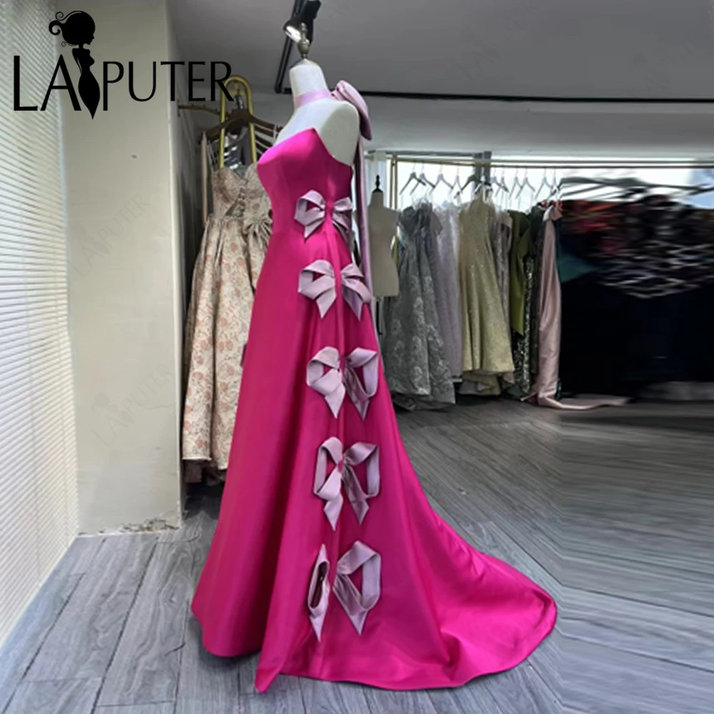 Fuchsia Satin Ballkleider A-Linie Schulterfrei Schleife Knoten Abendkleid Neckholder Band Elegantes Damen-Berühmtheitskleid 2024