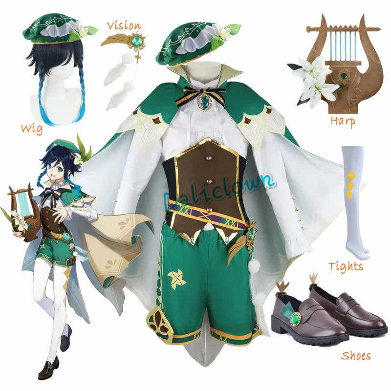 

GenshinImpact Cosplay Venti Costume Wig Shoes Harp Accessories Mondstadt Wind God Wendi Game Uniform Girls Dress Archon Outfit