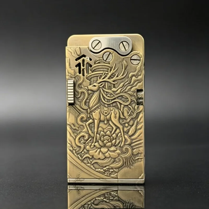 Windproof Vintage Brass 8th Generation Semi-Automatic Ejection Kerosine Lighter, Safety Lock , Engraved,  Smoking Accessories