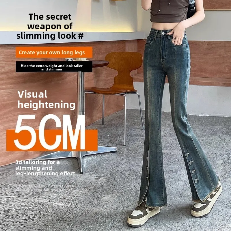 Cement Gray Burr Edge Slightly Pulled Jeans Women's Fashion Versatile New Split Breasted Design Sense Horn Horseshoe Pants