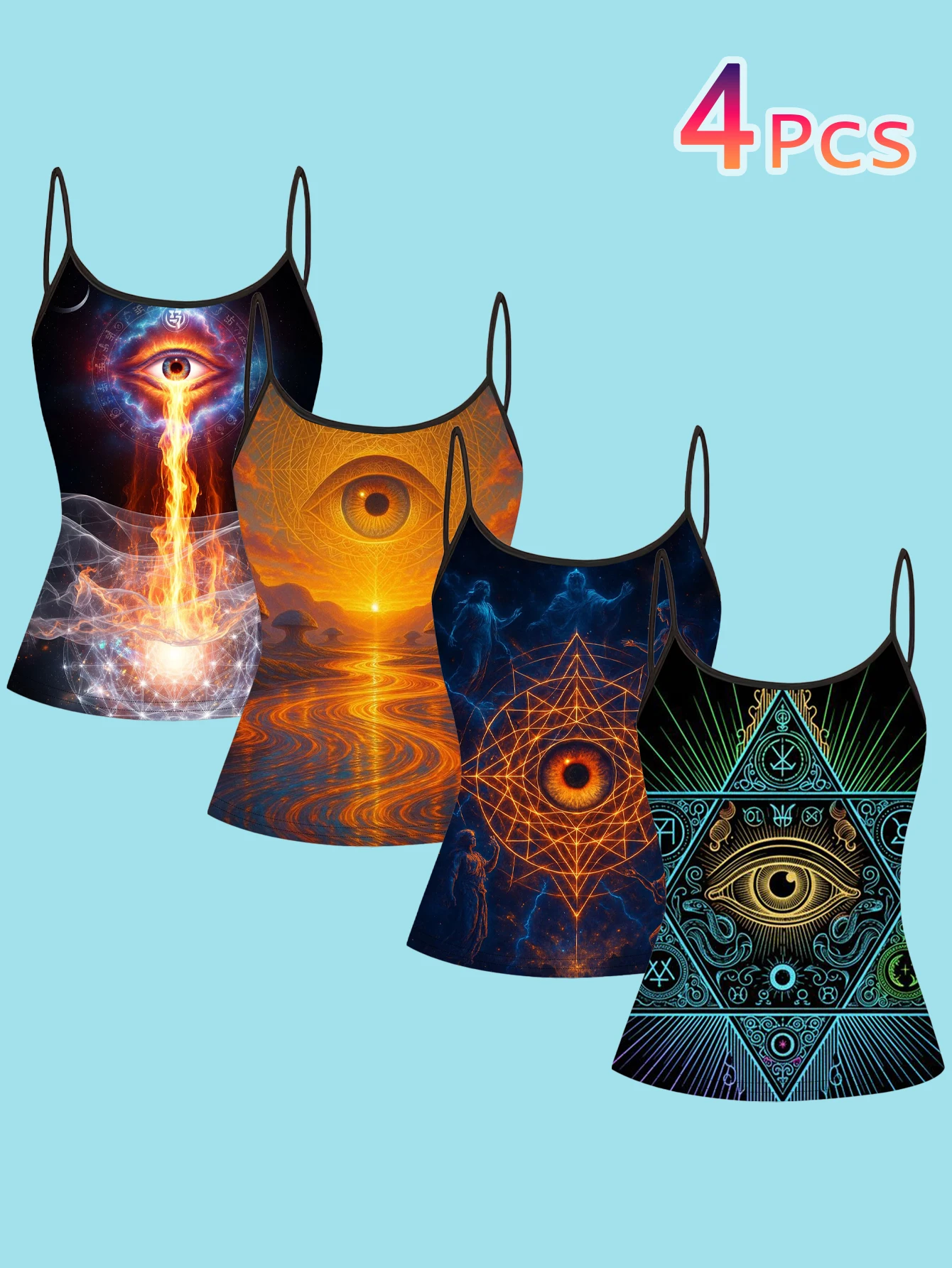 4-Piece Set of Women's Mysterious All-Seeing Eye Print Camisoles, Magic Star Array, Cosmic Flame Geometric Symbols, Slim-Fit Spaghetti Strap Inner Tops