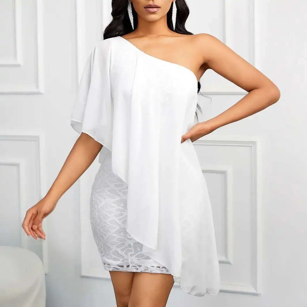 

2025 Spring/summer Casual Lotus Leaf Sleeve Dress Loose Style Single Shoulder Solid Color Skirt Women's Wear Vestido Women Party