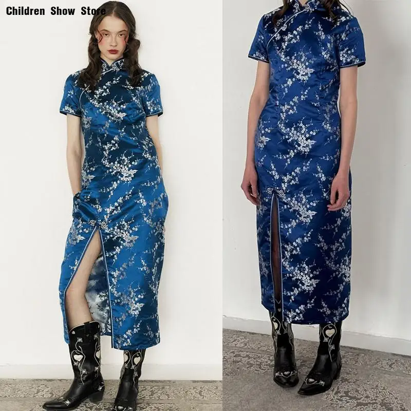 

Платье-ципао больших размеров (3XL, 4XL) в китайском стиле с разрезом, сексуальное, элегантное, с жаккардовым цветочным узором, ханьфу